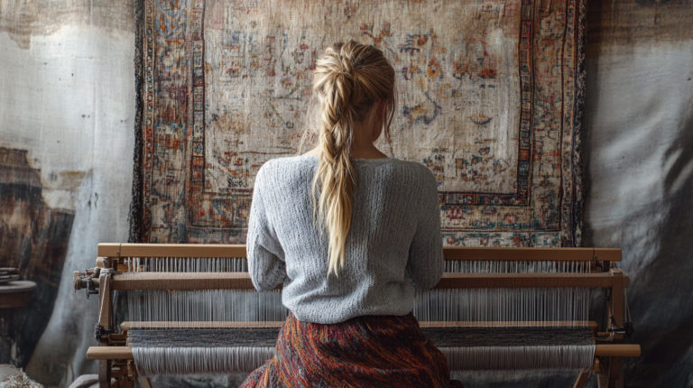 Scandinavian woman seen from the back, weaving at a loom