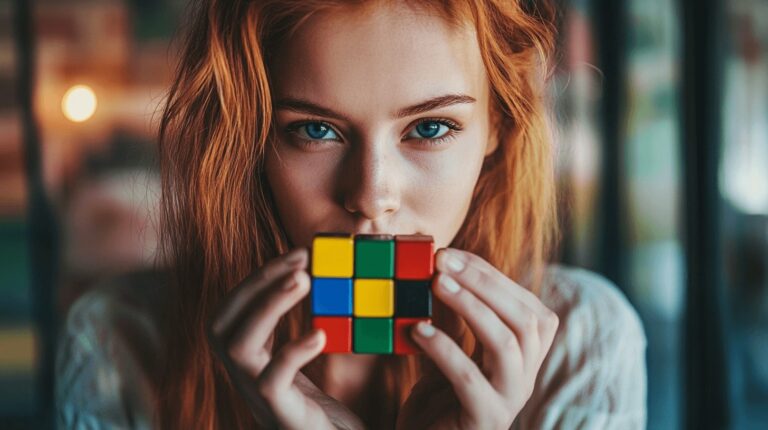 Red head with a rubiks cube