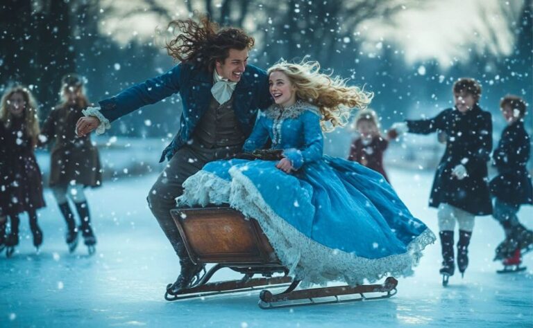 Young girl on a skating chair having fun with a young man on the ice