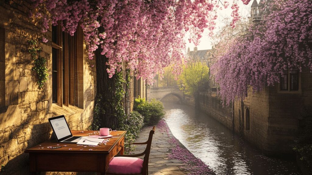 A wooden table and chair next to a canel in Oxford. An iPad air on the table.