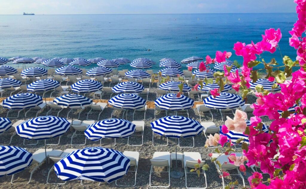 blue and white umbrellas in the south of france