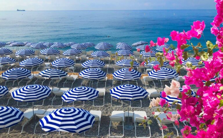 blue and white umbrellas in the south of france